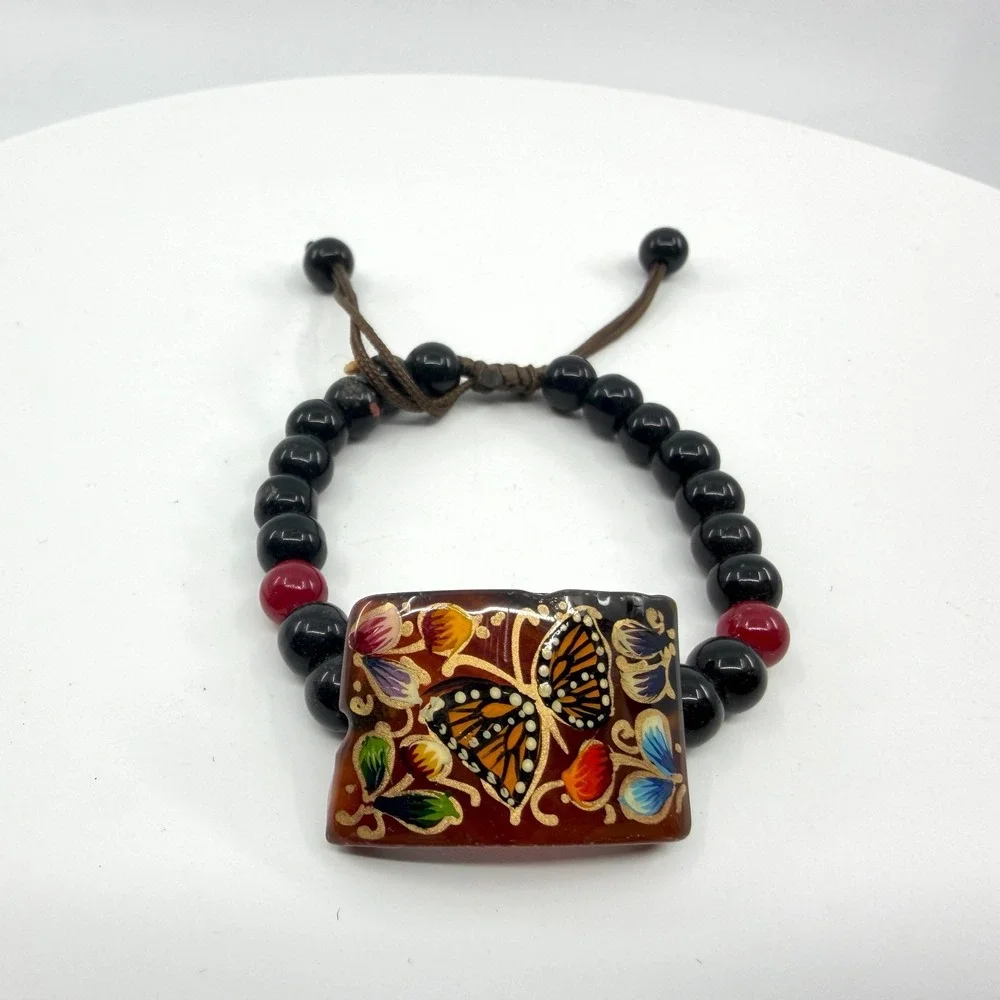 Hand Painted Butterfly Bracelet Black Red Beaded Adjustable Boho Artisan Gift